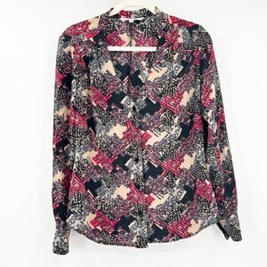 Trina Turk Womens Artsy Abstract Print 100% Silk Long Sleeve Button Up Blouse L